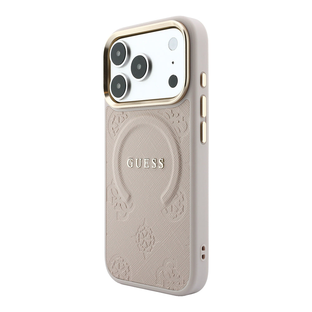 Apple iPhone 18 Pro Kılıf M-safe Şarj Özellikli Sıcak Baskılı Yazı Logolu C-Magnet PU Deri Peony Kapak Pembe