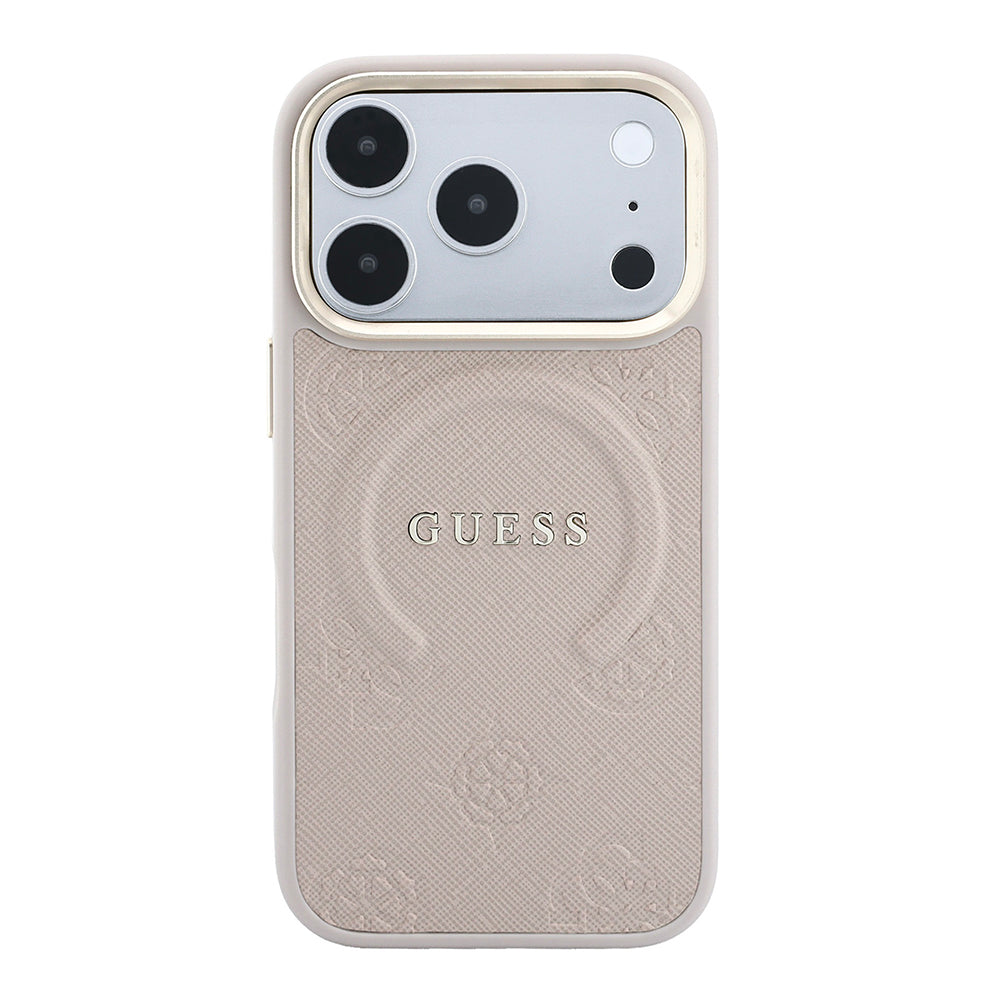 Apple iPhone 18 Pro Kılıf M-safe Şarj Özellikli Sıcak Baskılı Yazı Logolu C-Magnet PU Deri Peony Kapak Pembe