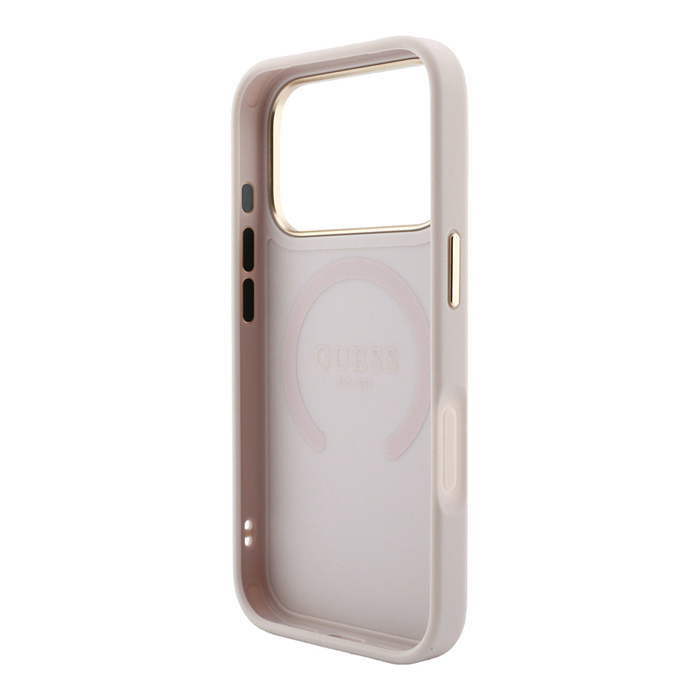 Apple iPhone 18 Pro Kılıf M-safe Şarj Özellikli Sıcak Baskılı Yazı Logolu C-Magnet PU Deri Peony Kapak Pembe