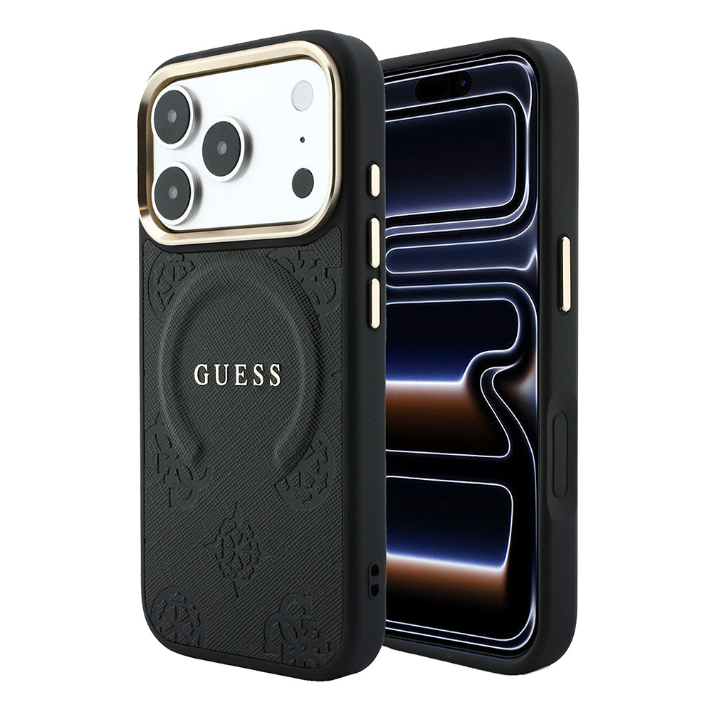 Apple iPhone 18 Pro Kılıf M-safe Şarj Özellikli Sıcak Baskılı Yazı Logolu C-Magnet PU Deri Peony Kapak Siyah