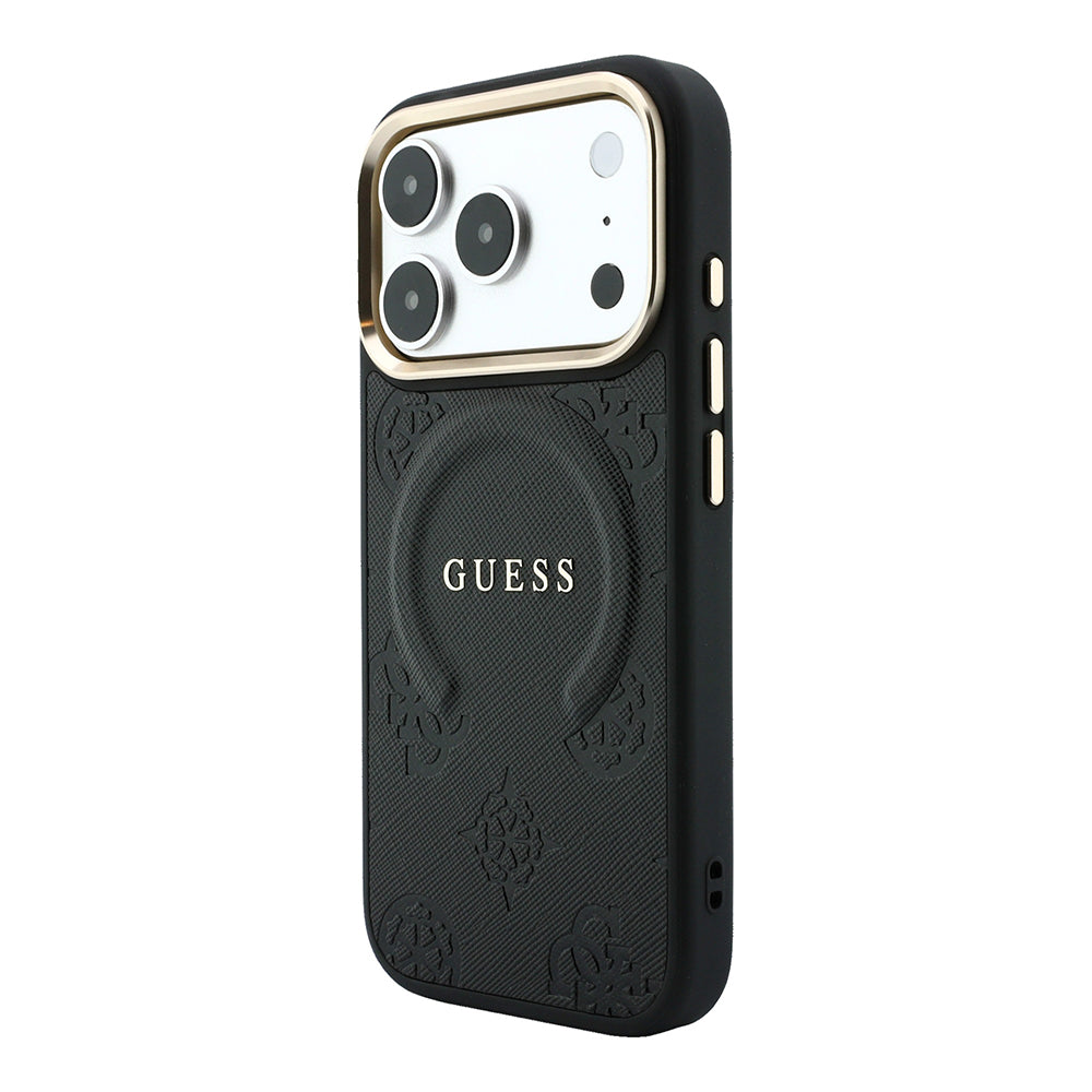 Apple iPhone 18 Pro Kılıf M-safe Şarj Özellikli Sıcak Baskılı Yazı Logolu C-Magnet PU Deri Peony Kapak Siyah