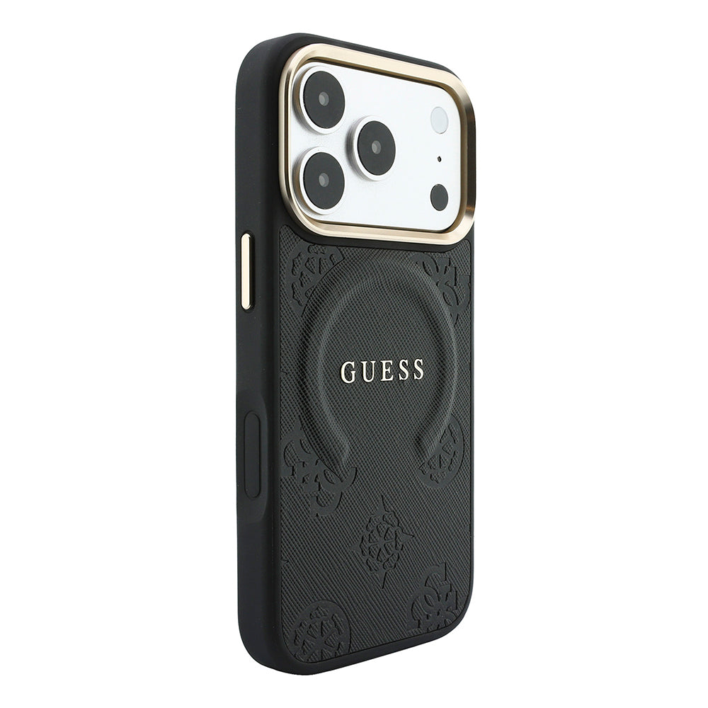 Apple iPhone 18 Pro Kılıf M-safe Şarj Özellikli Sıcak Baskılı Yazı Logolu C-Magnet PU Deri Peony Kapak Siyah