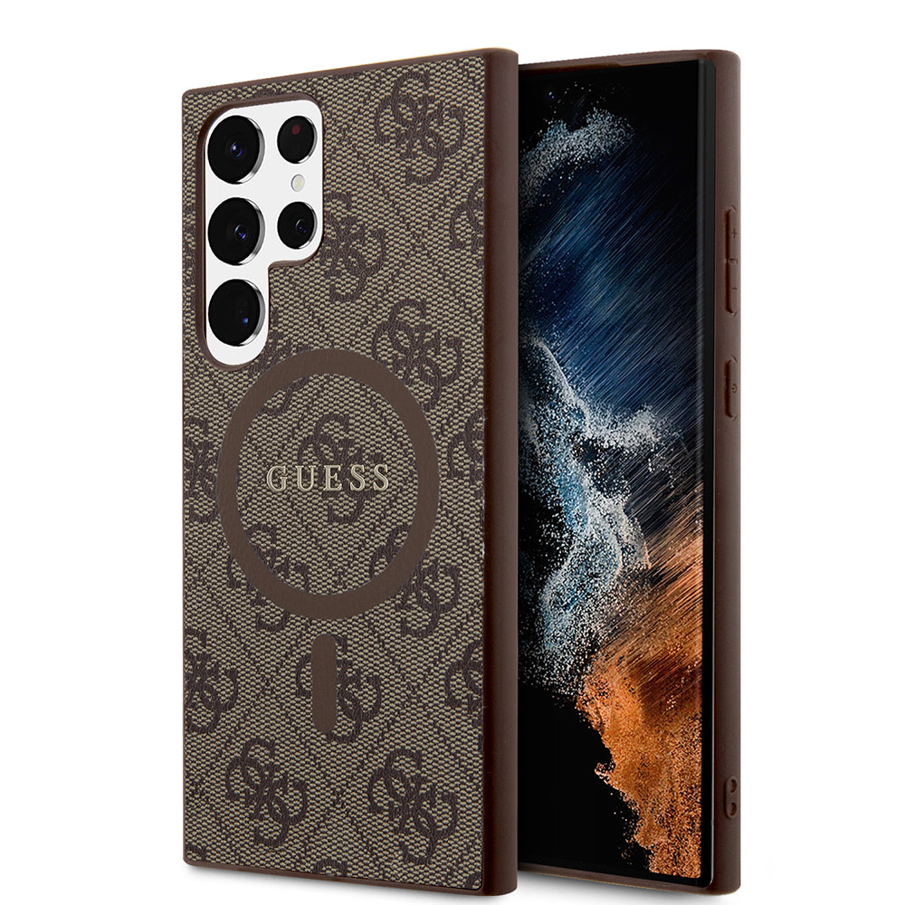 Galaxy S24 Ultra Kılıf Guess Magsafe Uyumlu 4G Desenli Yazı Logolu Kapak Kahverengi
