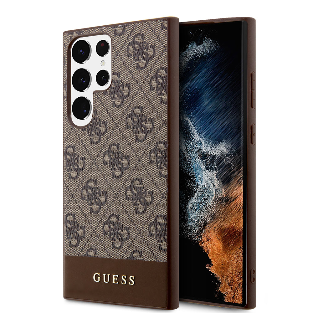 Galaxy S24 Ultra Kılıf Guess PU Deri Şerit Logolu Dizayn Kapak Kahverengi