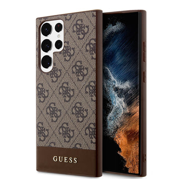 Galaxy S24 Ultra Kılıf Guess PU Deri Şerit Logolu Dizayn Kapak Kahverengi