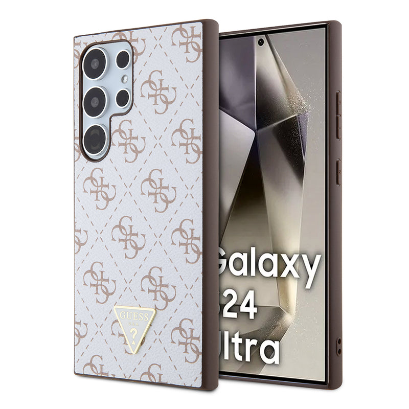 Galaxy S24 Ultra Kılıf Guess PU Üçgen Logolu 4G Desenli Kapak Beyaz