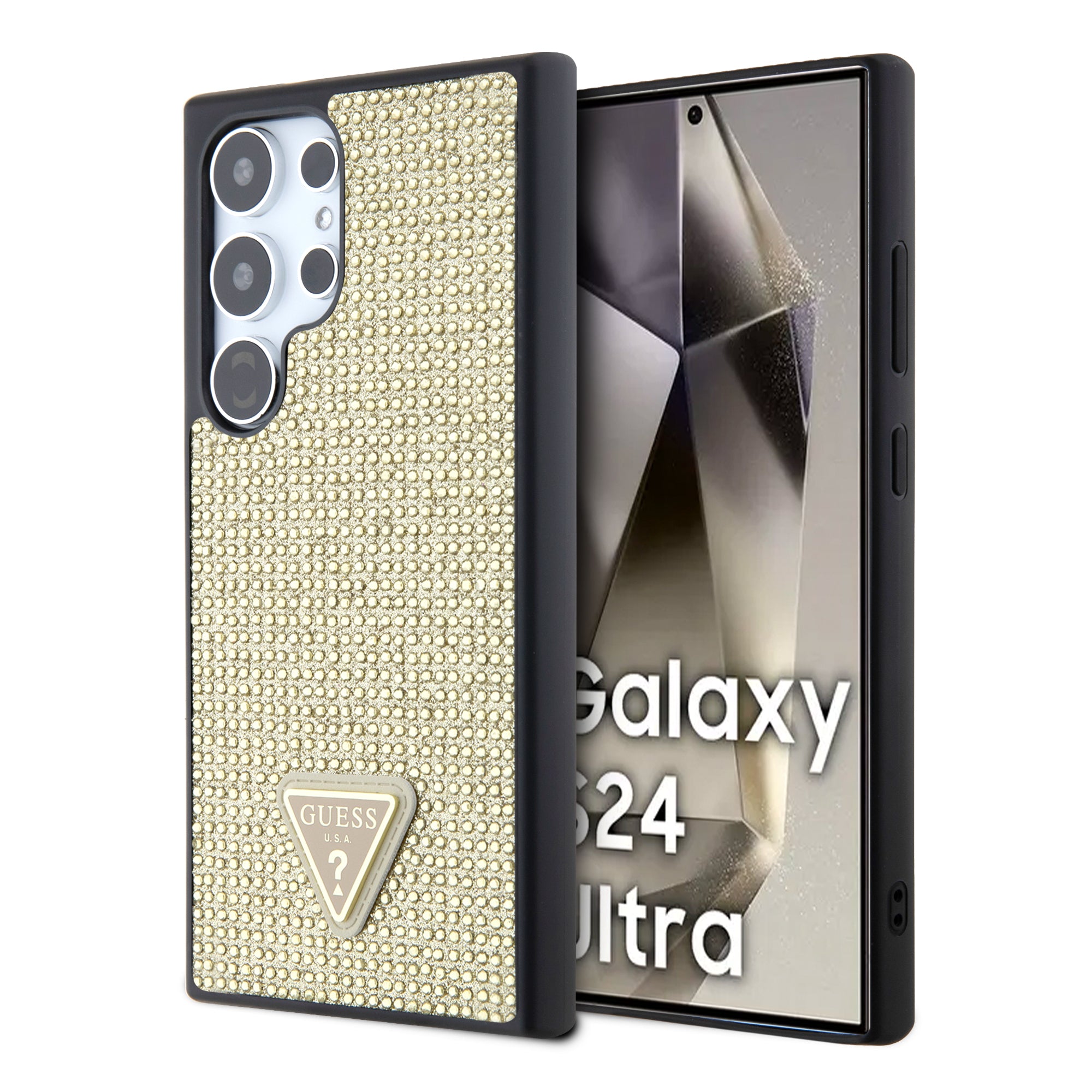 Galaxy S24 Ultra Kılıf Guess Taşlı Üçgen Logolu Kapak Gold