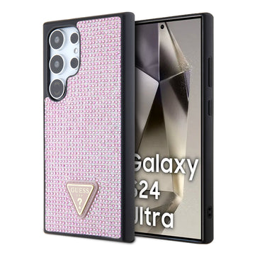 Galaxy S24 Ultra Kılıf Guess Taşlı Üçgen Logolu Kapak Pembe