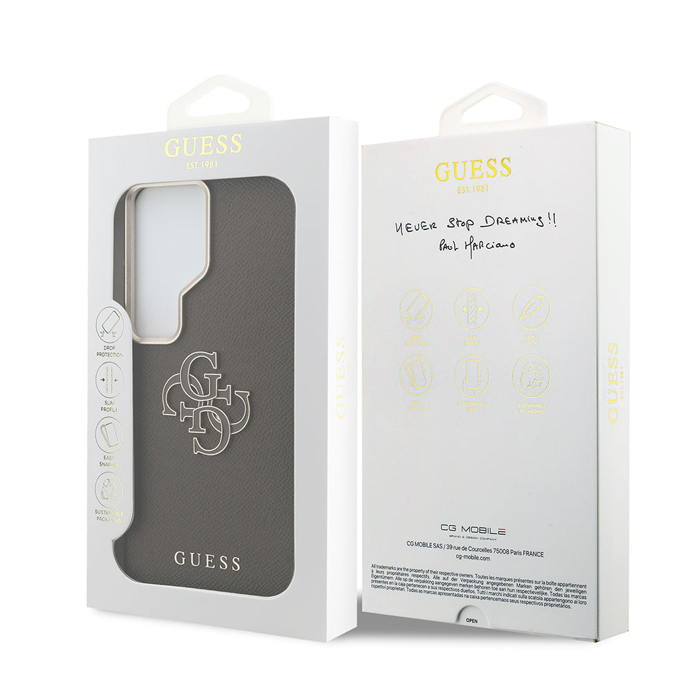 Galaxy S26 Ultra Kılıf Guess Grained Yazı ve 4G Büyük Metal Logolu Kapak Kahverengi