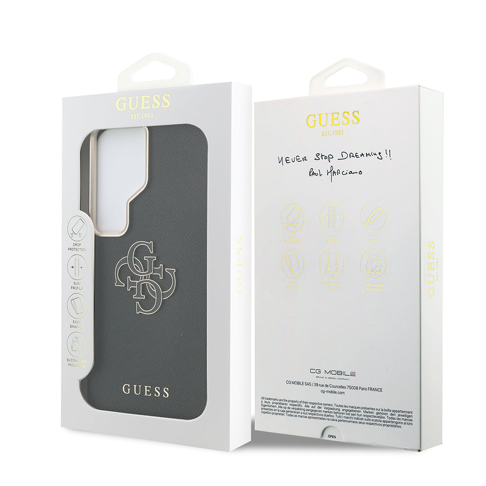 Galaxy S26 Ultra Kılıf Guess Grained Yazı ve 4G Büyük Metal Logolu Kapak Siyah