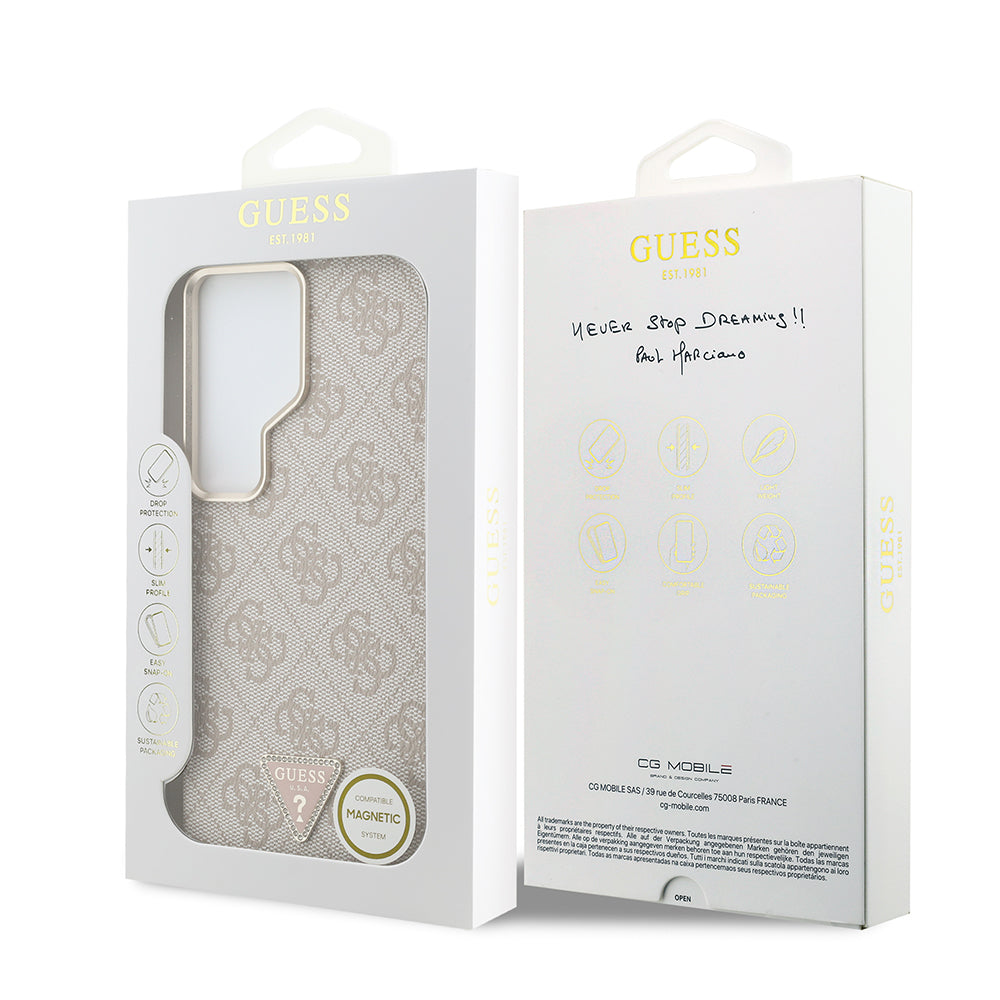 Galaxy S26 Ultra Kılıf Guess M-safe Şarj Uyumlu Taşlı Üçgen Logolu Kapak Pembe