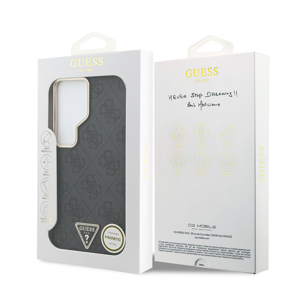 Galaxy S26 Ultra Kılıf Guess M-safe Şarj Uyumlu Taşlı Üçgen Logolu Kapak Siyah