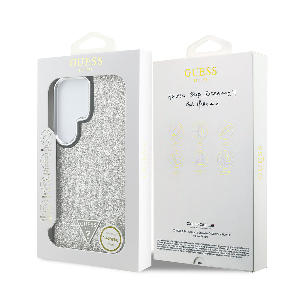 Galaxy S26 Ultra Kılıf Guess M-safe Şarj Uyumlu Üçgen Logolu Glitter Kapak Gümüş
