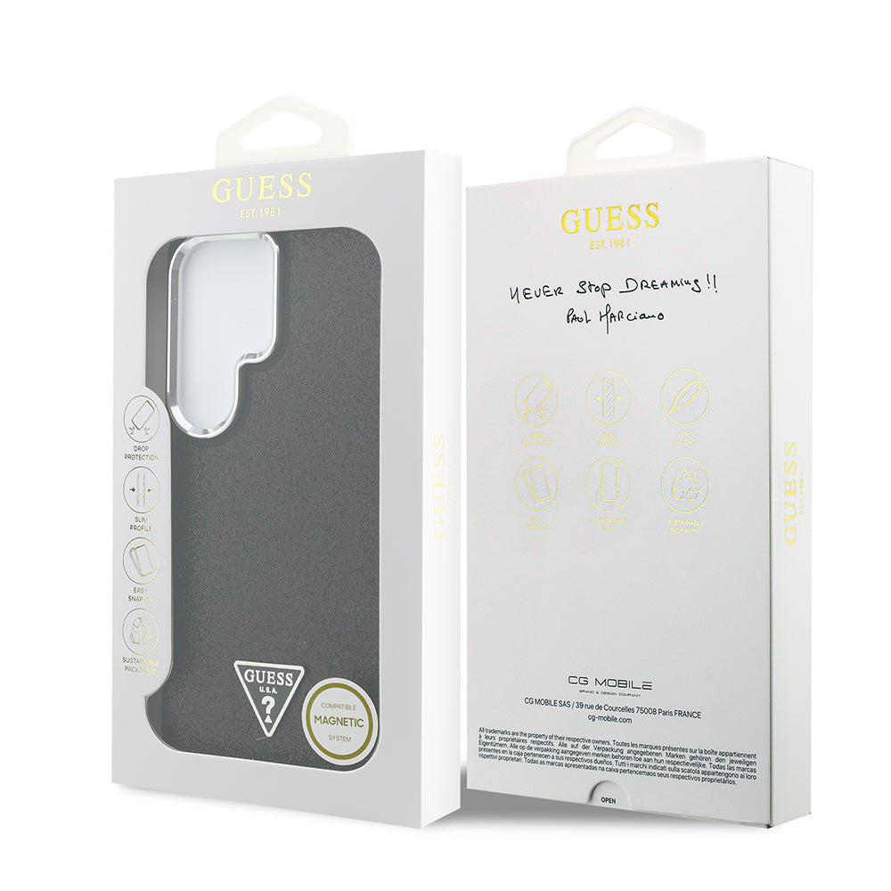 Galaxy S26 Ultra Kılıf Guess M-safe Şarj Uyumlu Üçgen Logolu Glitter Kapak Siyah