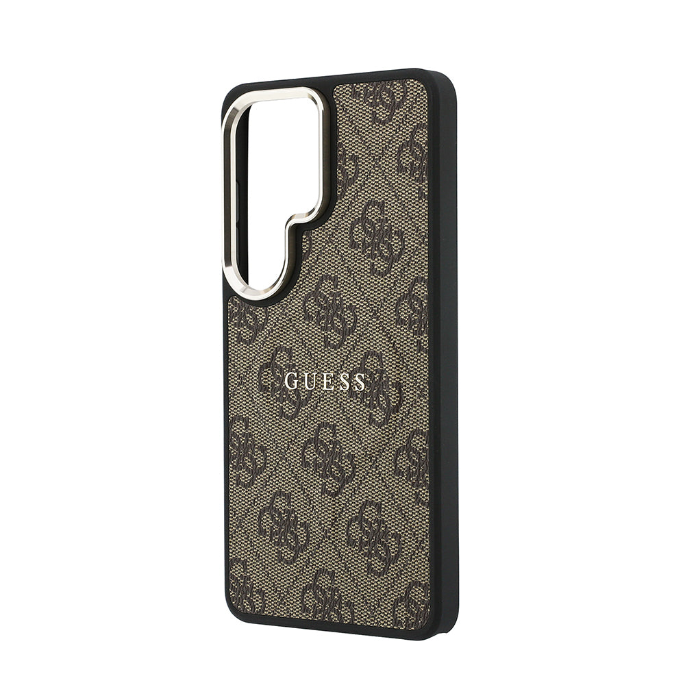 Galaxy S26 Ultra Kılıf Guess M-safe Uyumlu PU Deri 4G Desenli Yazı Logolu Kapak Kahverengi