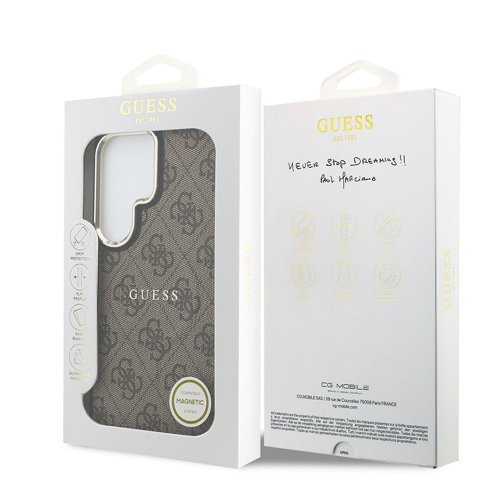 Galaxy S26 Ultra Kılıf Guess M-safe Uyumlu PU Deri 4G Desenli Yazı Logolu Kapak Kahverengi