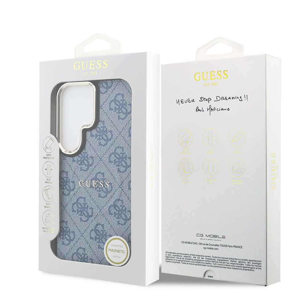 Galaxy S26 Ultra Kılıf Guess M-safe Uyumlu PU Deri 4G Desenli Yazı Logolu Kapak Mavi