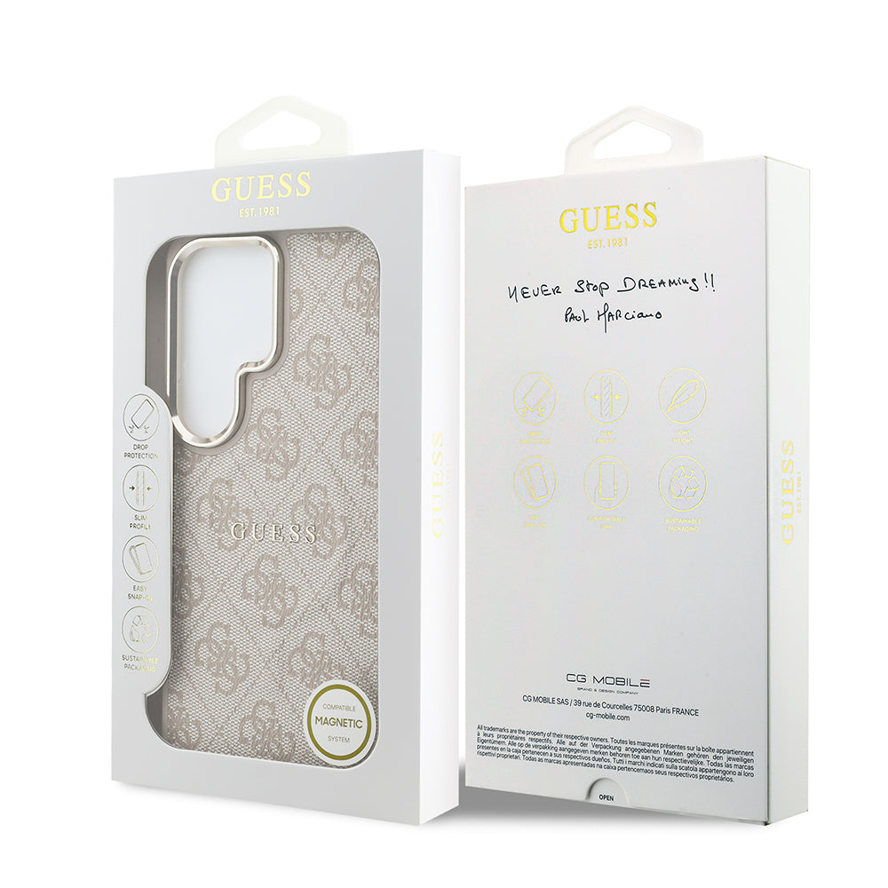 Galaxy S26 Ultra Kılıf Guess M-safe Uyumlu PU Deri 4G Desenli Yazı Logolu Kapak Pembe