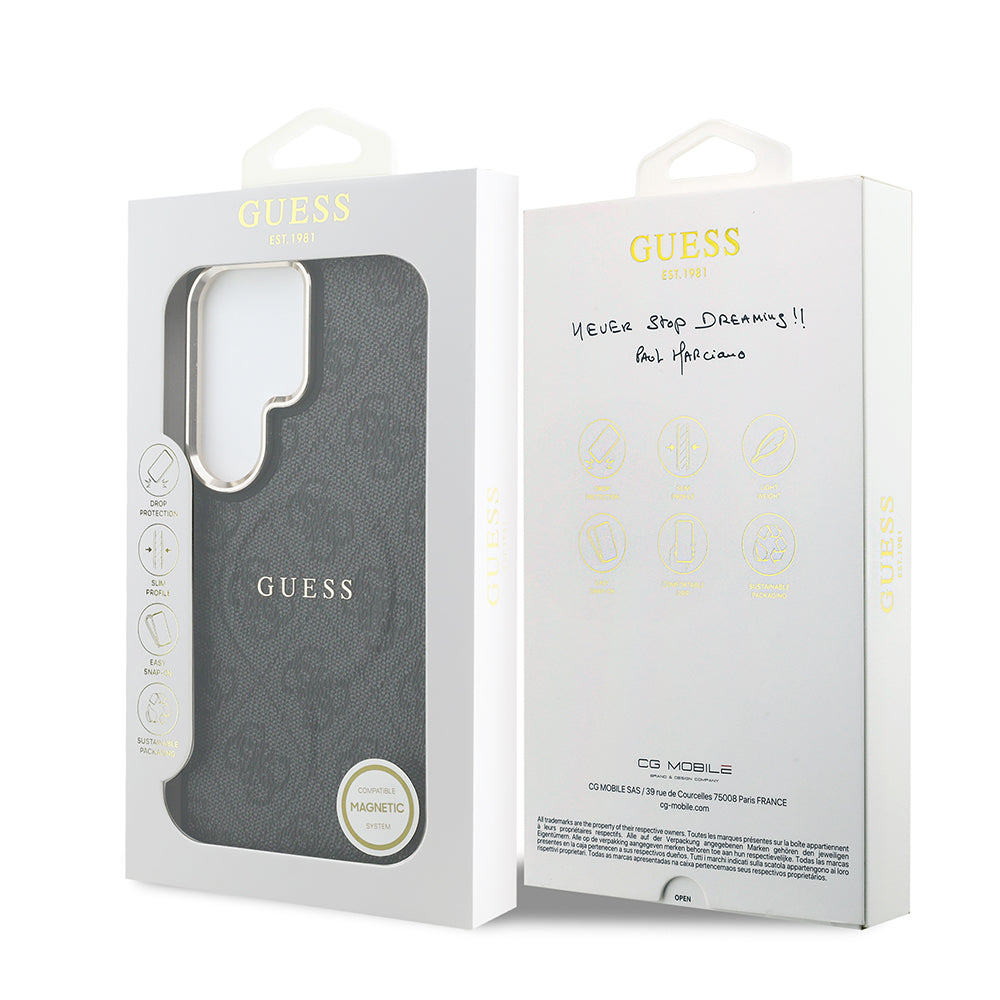 Galaxy S26 Ultra Kılıf Guess M-safe Uyumlu PU Deri 4G Desenli Yazı Logolu Kapak Siyah