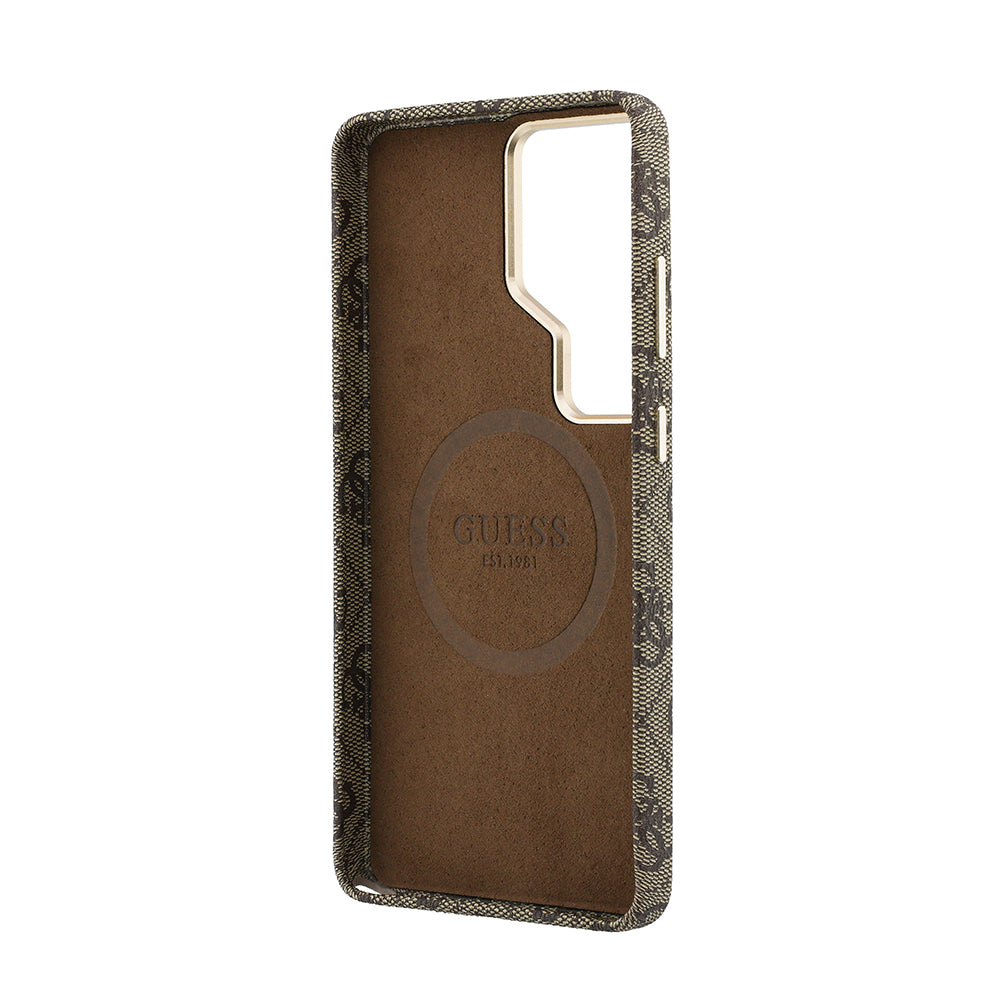 Galaxy S26 Ultra Kılıf Guess M-safe Uyumlu Script Yazı Logolu 4G Desenli Kapak Kahverengi