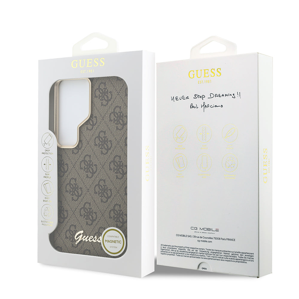 Galaxy S26 Ultra Kılıf Guess M-safe Uyumlu Script Yazı Logolu 4G Desenli Kapak Kahverengi