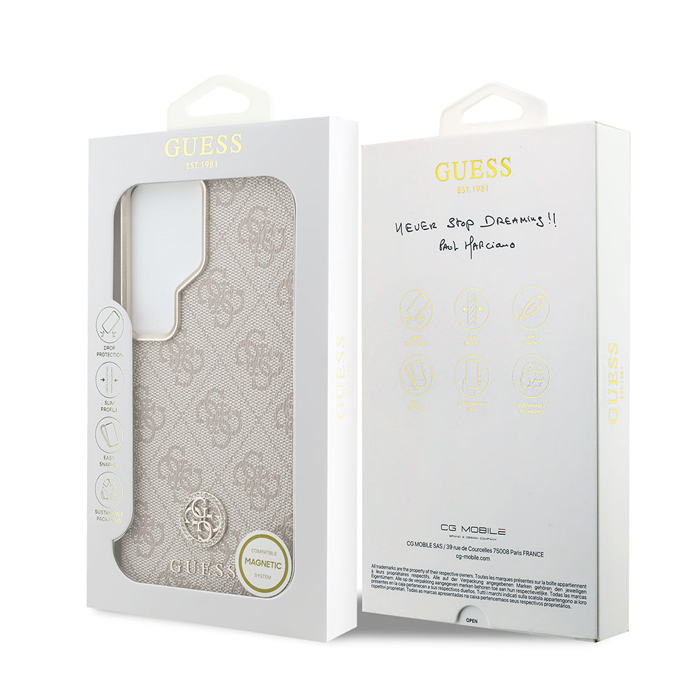 Galaxy S26 Ultra Kılıf Guess M-safe Uyumlu Taşlı Yuvarlak 4G Logolu Kapak Pembe