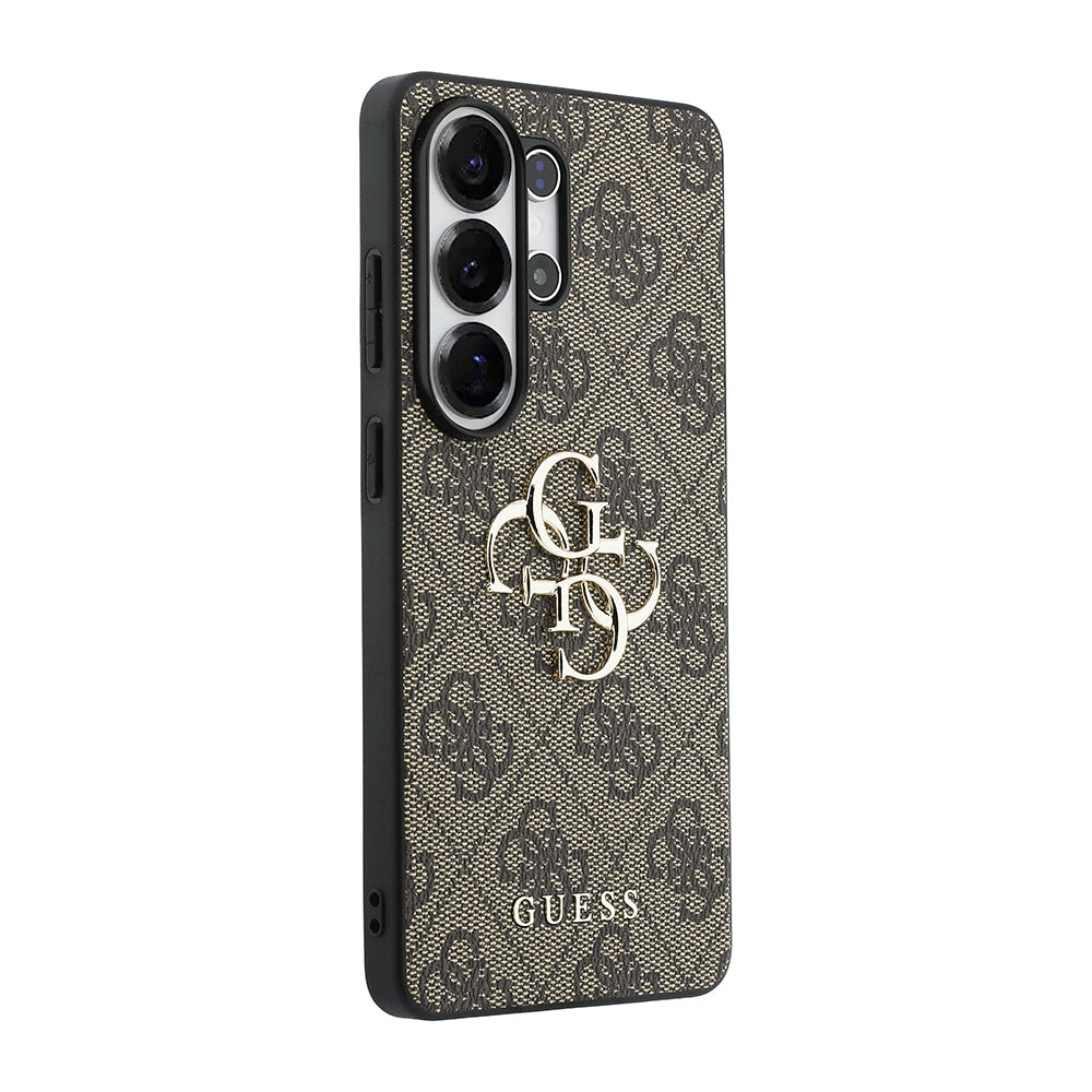 Galaxy S26 Ultra Kılıf Guess PU Deri 4G Büyük Metal Logolu ve Desenli Kapak Kahverengi