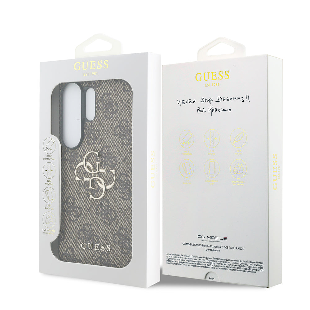 Galaxy S26 Ultra Kılıf Guess PU Deri 4G Büyük Metal Logolu ve Desenli Kapak Kahverengi