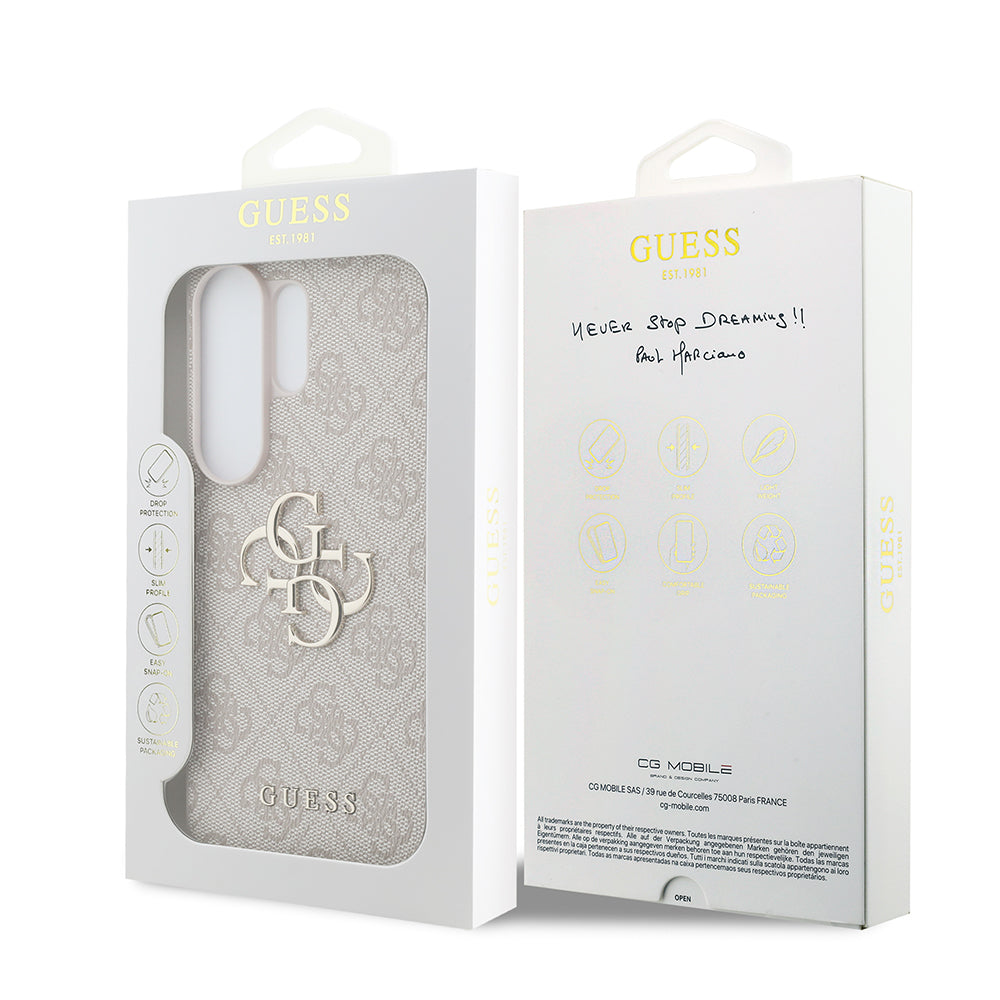 Galaxy S26 Ultra Kılıf Guess PU Deri 4G Büyük Metal Logolu ve Desenli Kapak Pembe