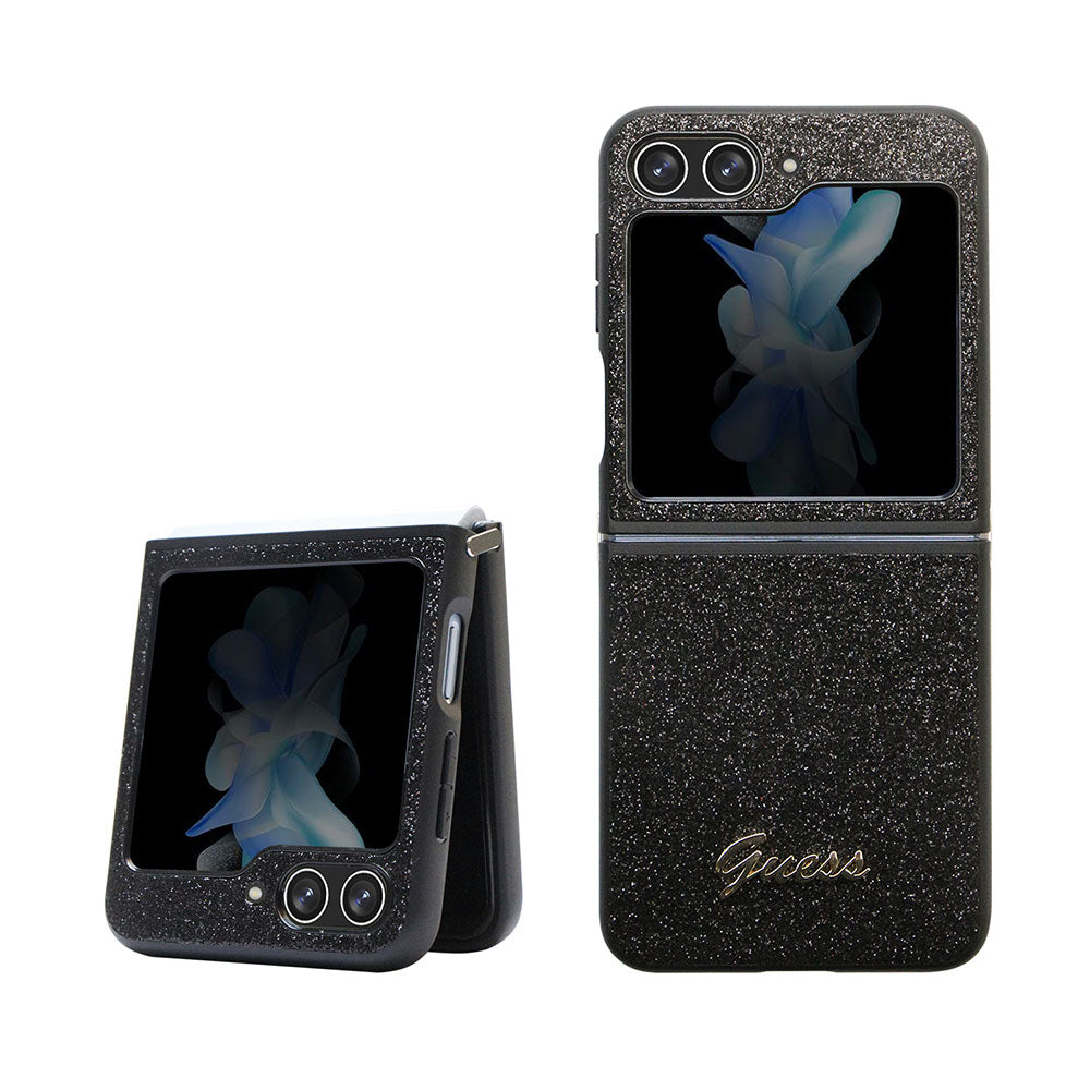 Galaxy Z Flip 5 Kılıf Guess Yazı Logolu Glitter Script Kapak Siyah
