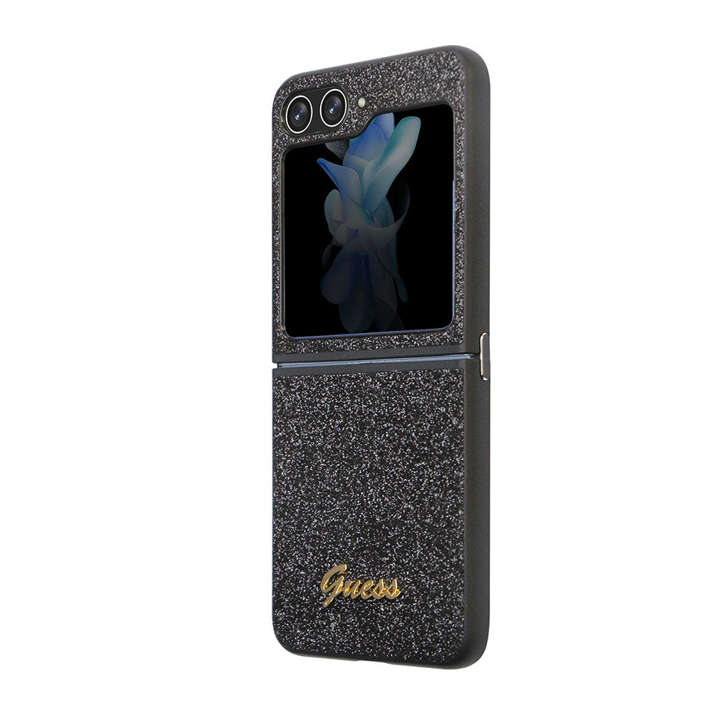 Galaxy Z Flip 5 Kılıf Guess Yazı Logolu Glitter Script Kapak Siyah