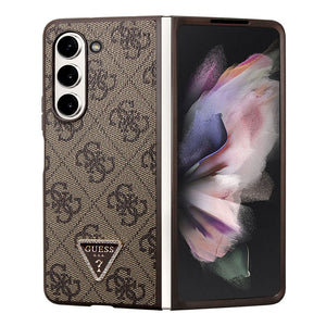 Galaxy Z Fold 5 Kılıf Guess PU Deri Taşlı Üçgen Logolu 4G Desenli Strass Kapak Kahverengi