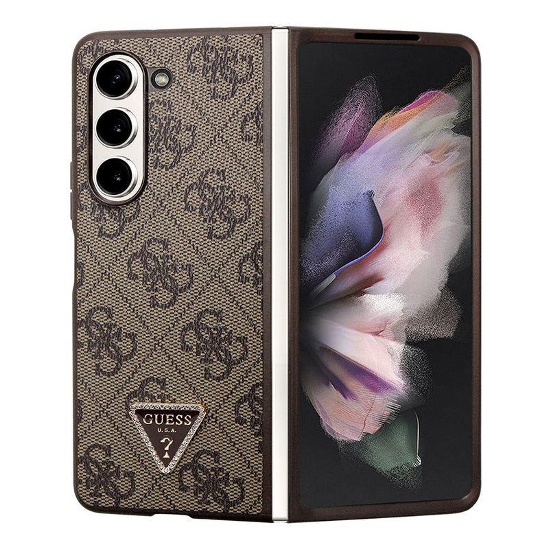Galaxy Z Fold 5 Kılıf Guess PU Deri Taşlı Üçgen Logolu 4G Desenli Strass Kapak Kahverengi
