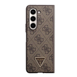 Galaxy Z Fold 5 Kılıf Guess PU Deri Taşlı Üçgen Logolu 4G Desenli Strass Kapak Kahverengi