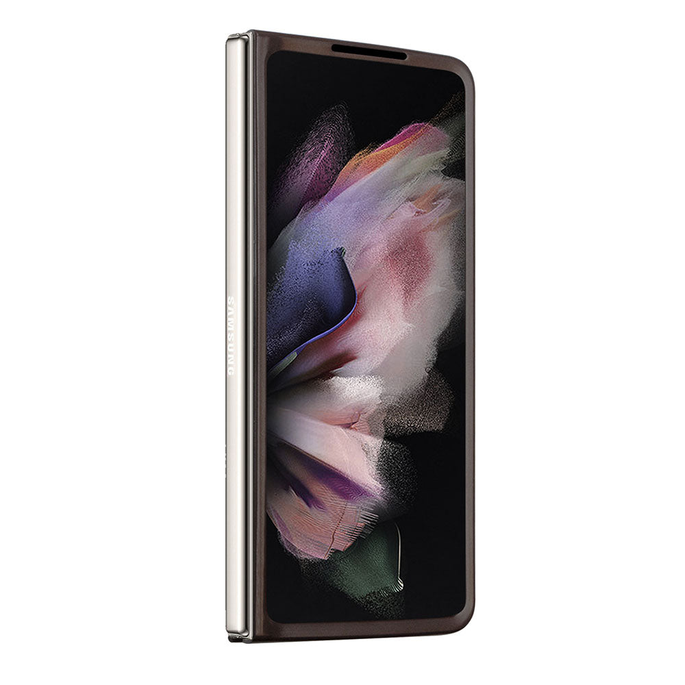 Galaxy Z Fold 5 Kılıf Guess PU Deri Taşlı Üçgen Logolu 4G Desenli Strass Kapak Kahverengi