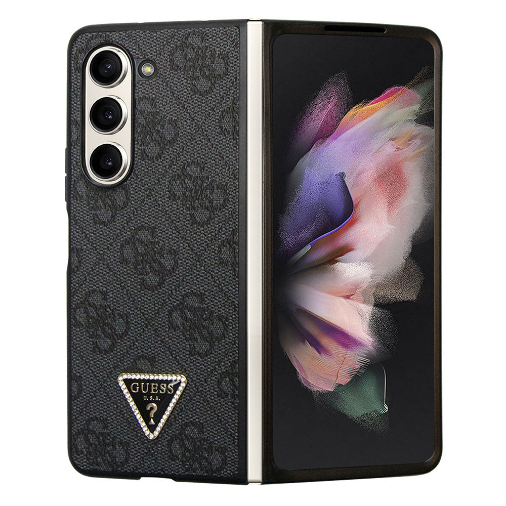 Galaxy Z Fold 5 Kılıf Guess PU Deri Taşlı Üçgen Logolu 4G Desenli Strass Kapak Siyah