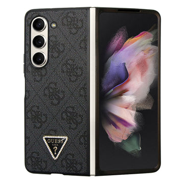 Galaxy Z Fold 5 Kılıf Guess PU Deri Taşlı Üçgen Logolu 4G Desenli Strass Kapak Siyah