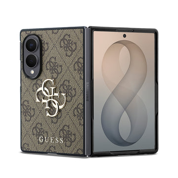 Galaxy Z Fold 8 Kılıf Guess 4G Desenli Metal Büyük 4G ve Yazı Logolu Kapak Kahverengi
