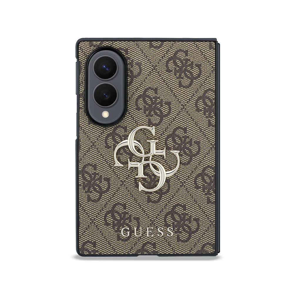 Galaxy Z Fold 8 Kılıf Guess 4G Desenli Metal Büyük 4G ve Yazı Logolu Kapak Kahverengi