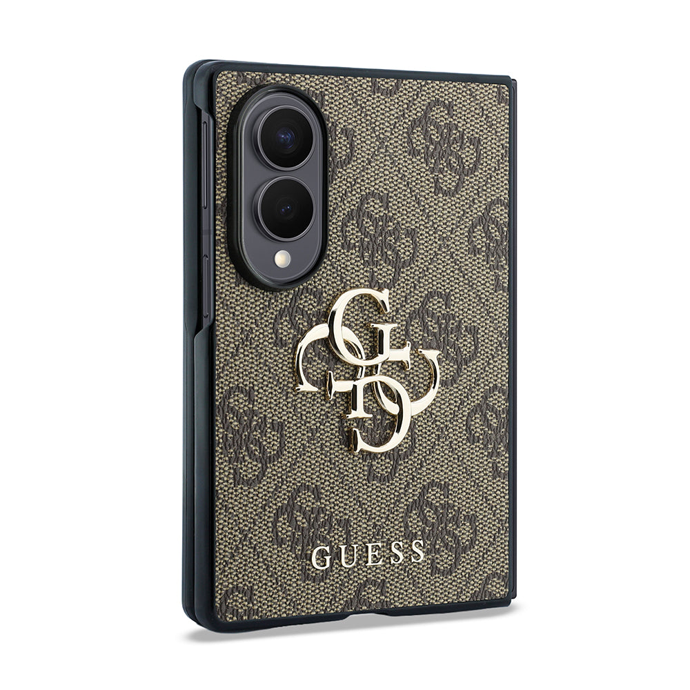 Galaxy Z Fold 8 Kılıf Guess 4G Desenli Metal Büyük 4G ve Yazı Logolu Kapak Kahverengi