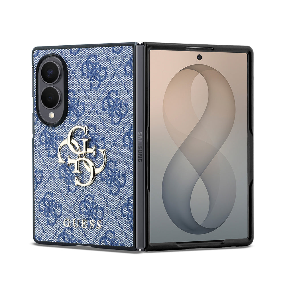 Galaxy Z Fold 8 Kılıf Guess 4G Desenli Metal Büyük 4G ve Yazı Logolu Kapak Mavi