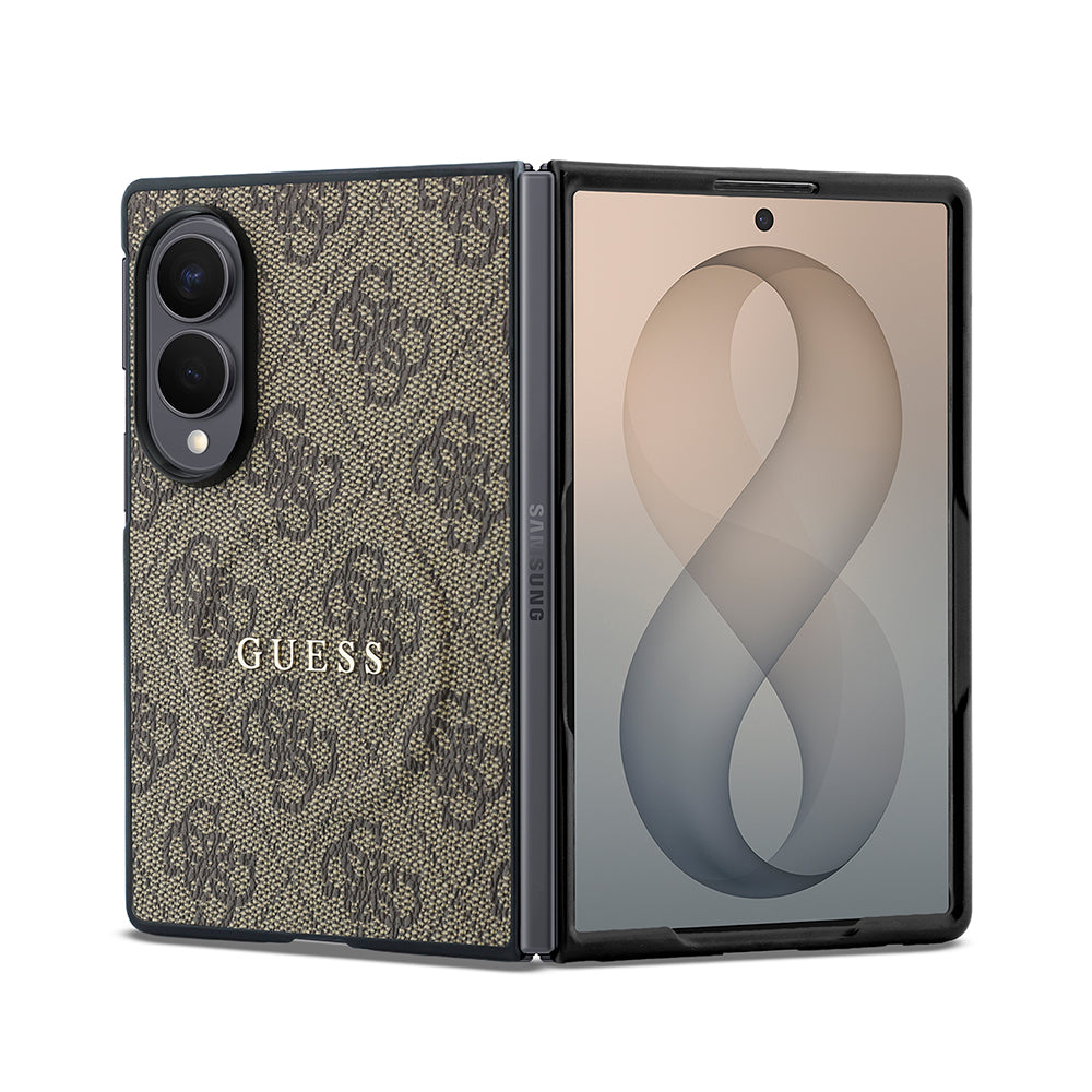 Galaxy Z Fold 8 Kılıf Guess Kabartmalı M-safe Uyumlu PU Deri 4G Desenli ve Yazı Logolu Kapak Kahverengi