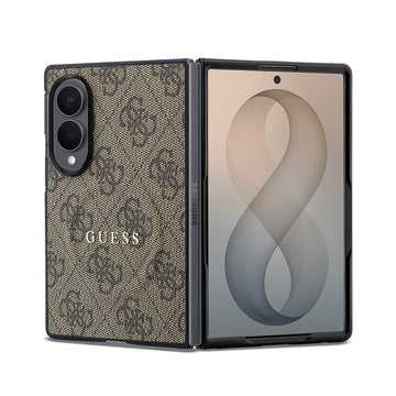 Galaxy Z Fold 8 Kılıf Guess Kabartmalı M-safe Uyumlu PU Deri 4G Desenli ve Yazı Logolu Kapak Kahverengi