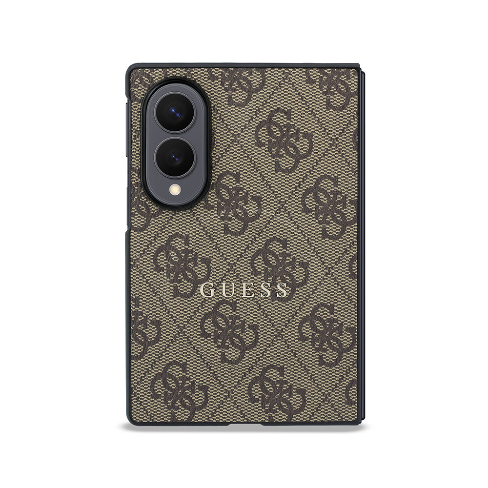 Galaxy Z Fold 8 Kılıf Guess Kabartmalı M-safe Uyumlu PU Deri 4G Desenli ve Yazı Logolu Kapak Kahverengi
