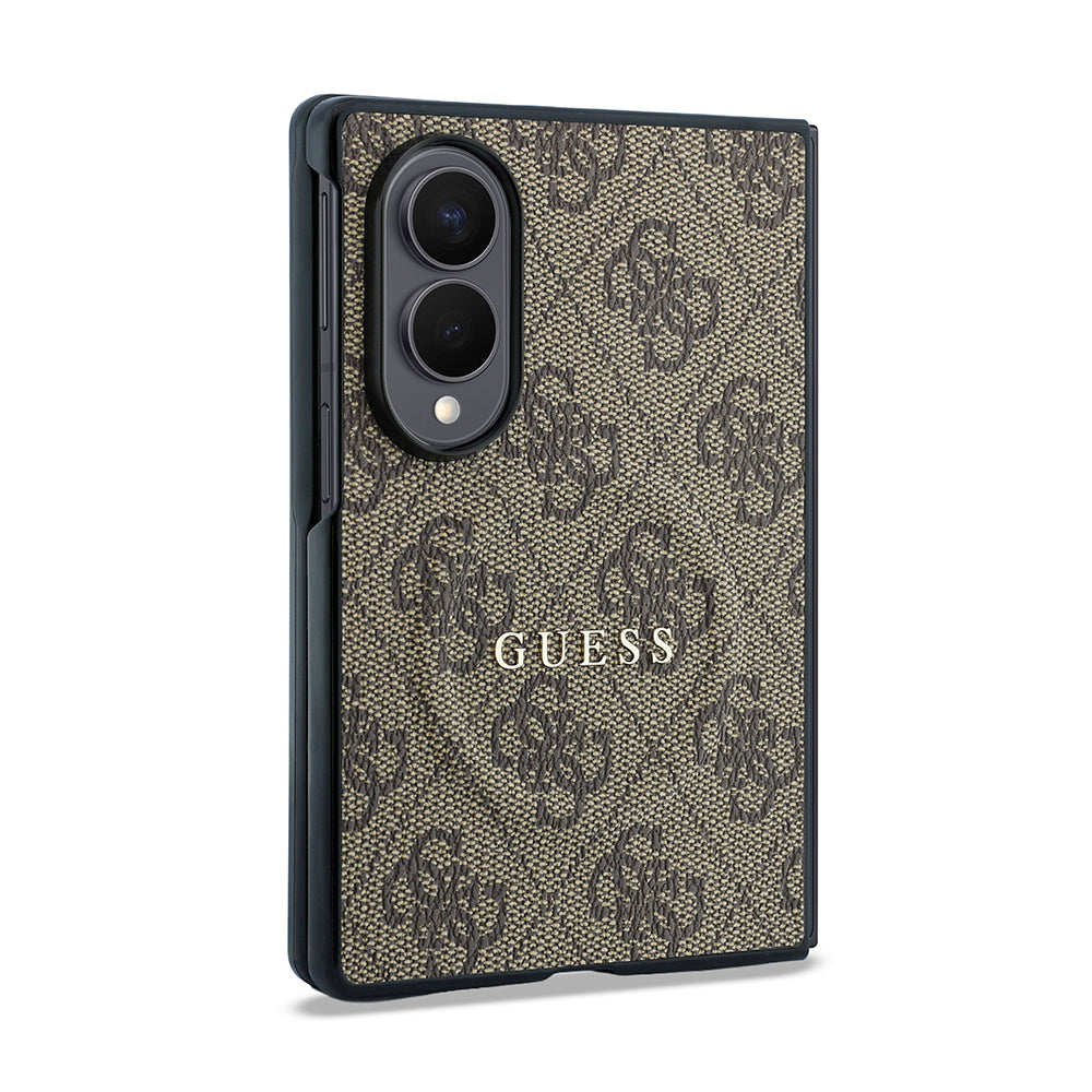 Galaxy Z Fold 8 Kılıf Guess Kabartmalı M-safe Uyumlu PU Deri 4G Desenli ve Yazı Logolu Kapak Kahverengi