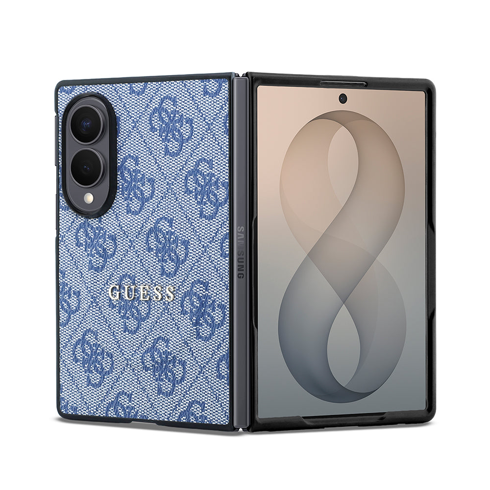 Galaxy Z Fold 8 Kılıf Guess Kabartmalı M-safe Uyumlu PU Deri 4G Desenli ve Yazı Logolu Kapak Mavi