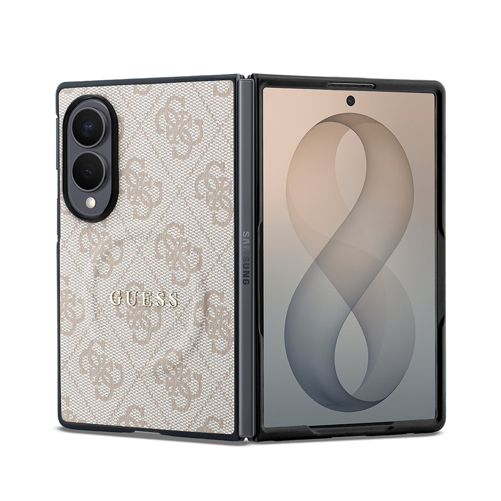 Galaxy Z Fold 8 Kılıf Guess Kabartmalı M-safe Uyumlu PU Deri 4G Desenli ve Yazı Logolu Kapak Pembe