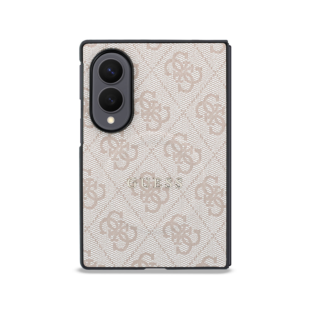 Galaxy Z Fold 8 Kılıf Guess Kabartmalı M-safe Uyumlu PU Deri 4G Desenli ve Yazı Logolu Kapak Pembe