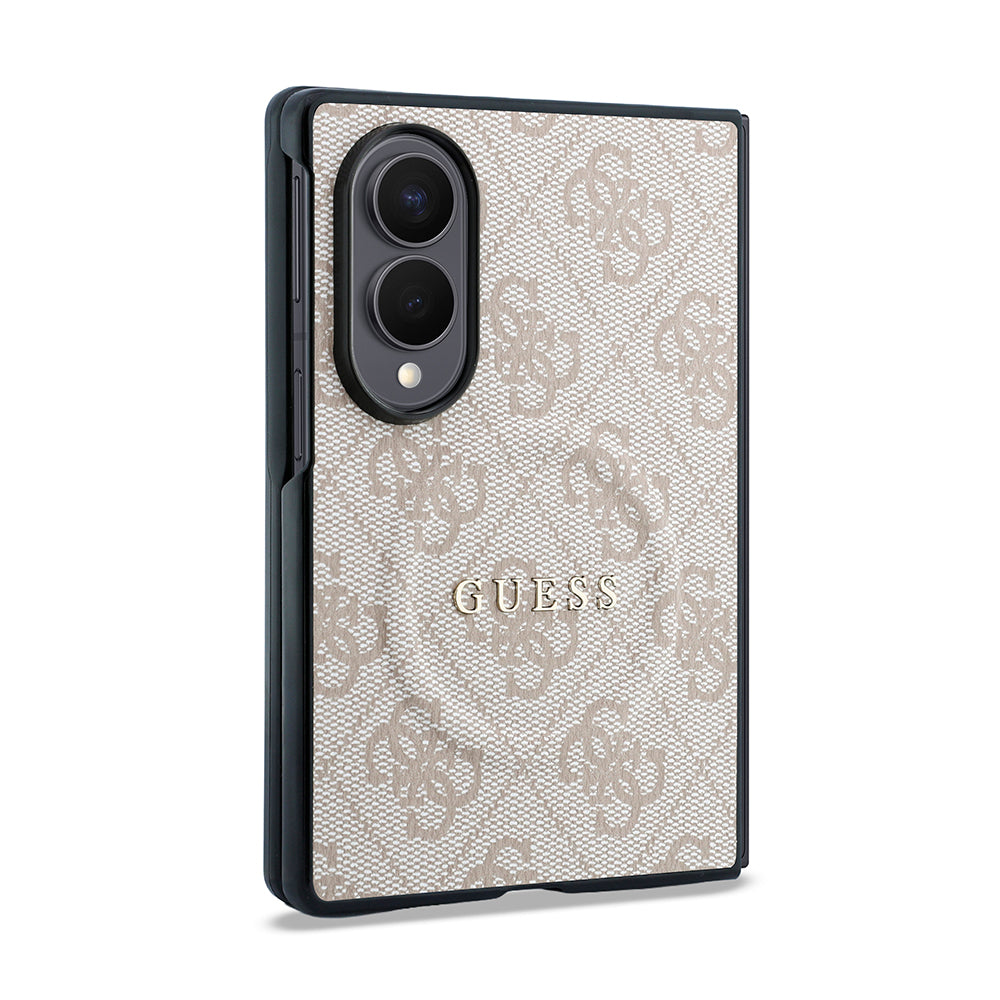 Galaxy Z Fold 8 Kılıf Guess Kabartmalı M-safe Uyumlu PU Deri 4G Desenli ve Yazı Logolu Kapak Pembe
