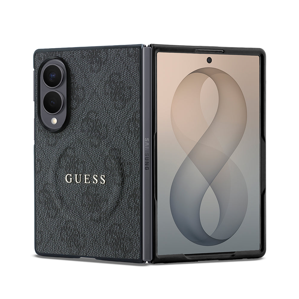 Galaxy Z Fold 8 Kılıf Guess Kabartmalı M-safe Uyumlu PU Deri 4G Desenli ve Yazı Logolu Kapak Siyah